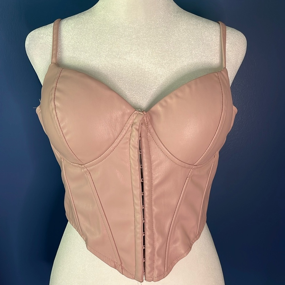 Say What bustier soft rose color, silky lining, vegan leather lined silky poly